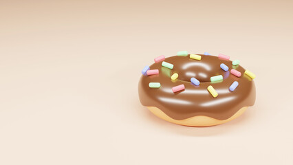 Sprinkled chocolate donut isolate on pastel background. 3d rendering