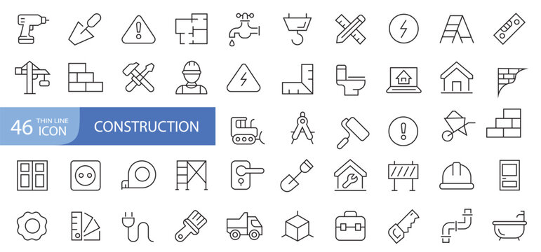 Construction thin line icons set. 44 Construction Editable Stroke icon collection. Builder, Tools, House icons. Vector, construction icon