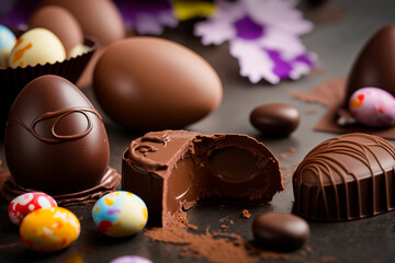 Obraz na płótnie Canvas Easter chocolate egg. The chocolate egg entered the traditions of the Holy Week festivities. The chocolate egg tradition emerged in the th century, being an invention of European confectioners.