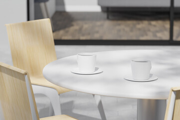 3d rendering mockup of outdoors dining place - a table and cups of coffee in light and shadows. Digital illustration of contemporary lounge area, architecture, lounge patio or cafe rendering