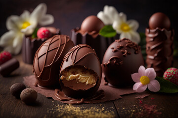 Obraz na płótnie Canvas Easter is a lot of chocolate, chocolate eggs on the table. In addition to referring to love and affection, chocolate transforms the most ordinary days, being the shortest path to a sweet smile.