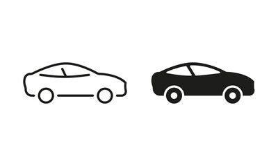 Obraz na płótnie Canvas Vehicle Automobile Transportation Line and Silhouette Icon Set. Car in Side View Pictogram. Automotive Sedan Transport Symbol Collection on White Background. Auto Sign. Isolated Vector Illustration