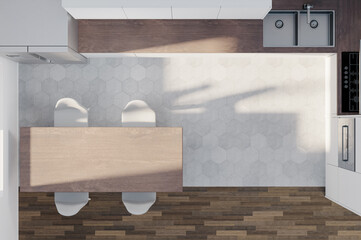 Generic kitchen area design, top view 3d rendering. Modern dining area at home, overhead shot