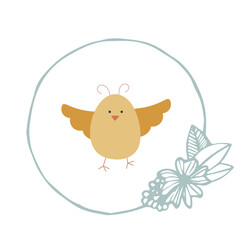Cute cartoon yellow chicken in a delicate frame isolated on white background. Children s cartoon vector illustration.