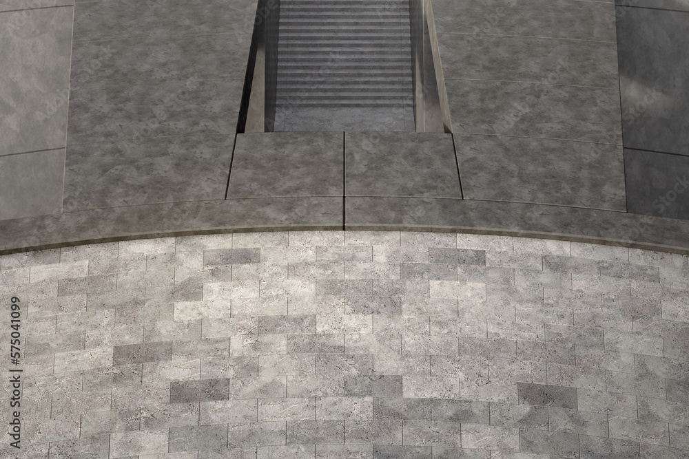 Poster empty curved concrete floor with stair in top view. 3d rendering of abstract space background.