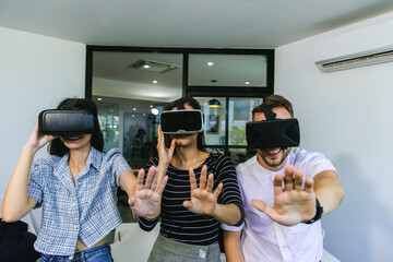 business persons with virtual reality headsets in meeting room at the office. businessperson...
