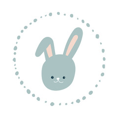 Cute cartoon blue rabbit in a delicate frame isolated on white background. Children s cartoon vector illustration.