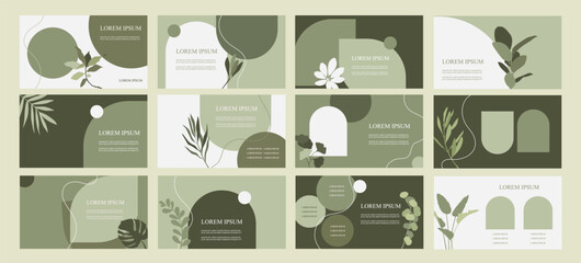 Set of templates for presentation, web design, landing page, banner. Design for natural cosmetics. Eco style. Green leaves and plants. Horizontal banners. Vector flat illustration. EPS 10 - 575041816