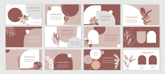 Set of templates for presentation, web design, landing page, banner. Design for natural cosmetics. Eco style. Leaves and plants. Horizontal banners. Vector flat illustration. EPS 10 - 575041821