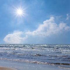 emerald sea sandy beach at summer sunny day