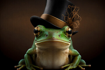 Frog wearing a top hat, whimsical, fantasy animal. Close up image of a frog wearing a top hat. Steampunk frog wearing a hat concept illustration. 