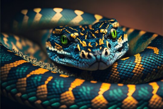 rainforest reptilian, close up of a jungle snake, generative ai
