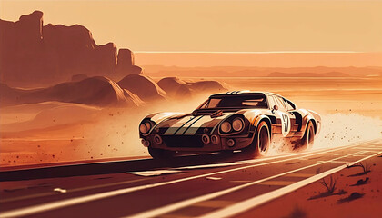 vintage retro style illustration of a retro sport super car on road at sunset sunrise sky with speed lines background, new quality transport stock image wallpaper design, Generative AI