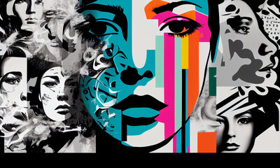 Abstract background with women's faces collage black and white and color elements, psychology, stress, psychedelia wallpaper illustrationю. Generative AI