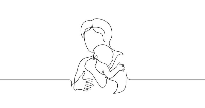 Animation of an image drawn with a continuous line. Mother and child. Abstract mom and baby silhouette.