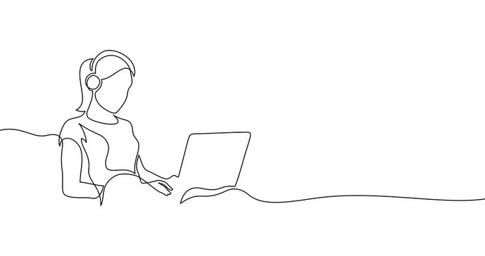 Animation of an image drawn with a continuous line. Girl with laptop.