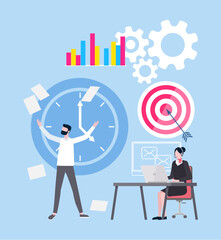 Financial technology infographic or workteam strategy. Man with papers, woman working with laptop, chart and darts, big clock, digital analytics vector