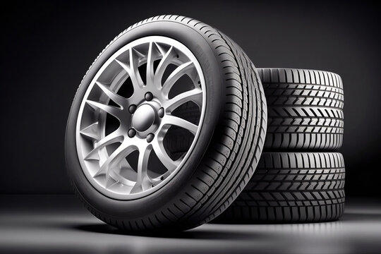 Close up of tires with rims to change. Summer or winter tires. Studio lighting. Advertising banner. Generative AI.
