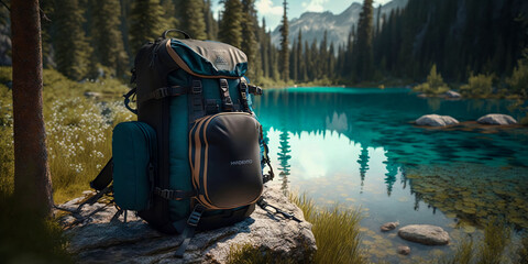 Professional travel backpack stands on the ground. Forest by the lake in the background. Sunny day. Advertising illustration. Template for the service. Banner with copy space. Generative AI. 