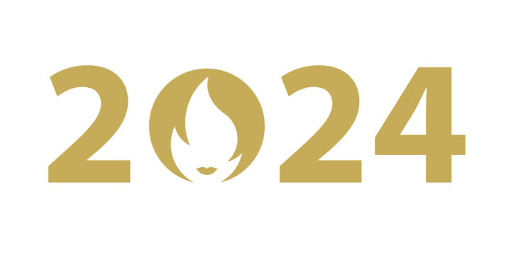 PNG File 2024 Tittle, Transparent Background. New Year 2024 Gold Tittle with logo of flame. Background for summer sport game. png format transparent file. Paris 2024