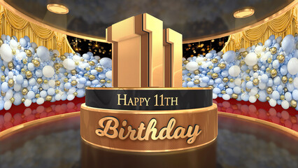 11th Birthday backdrop, poster, flyer 3d render illustration in gold with balloons and fireworks background - obrazy, fototapety, plakaty