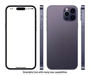 new frameless smartphone purple color with blank screen saver front, back and side view isolated on white background. mockup of realistic and detailed mobile phone. vector illustration