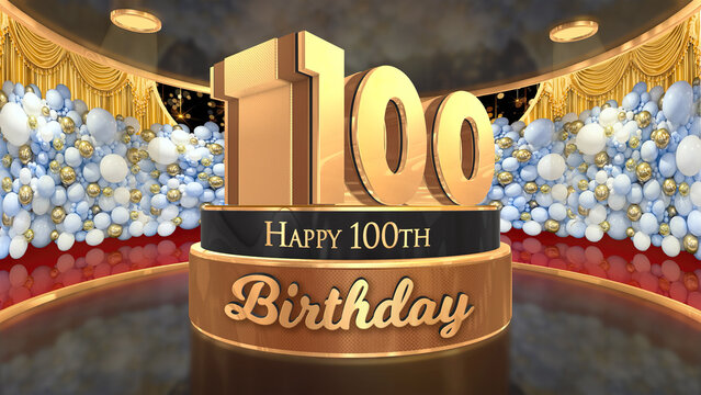 100th Birthday backdrop, poster, flyer 3d render illustration in gold with balloons and fireworks background