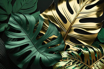 Abstract tropical palm leaf gold and green background. AI