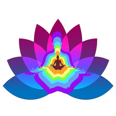 Yoga lotos position with colorfull chakras on an isolated  background.