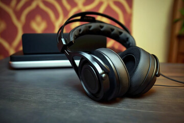Obraz na płótnie Canvas Black headphone. Headsets are headphones that have a headband, headphones and a microphone. Phone on a table, gamer headset for PC and mobile devices.