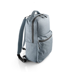 Naklejka premium Blue backpack, for daily use or weekend adventures with multiple compartments for organization. Side view on white background.