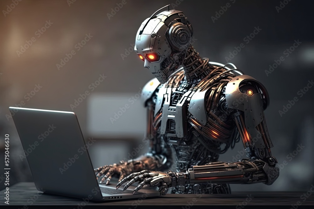 Poster futuristic robot typing and learning with laptop, chat bot. generative ai