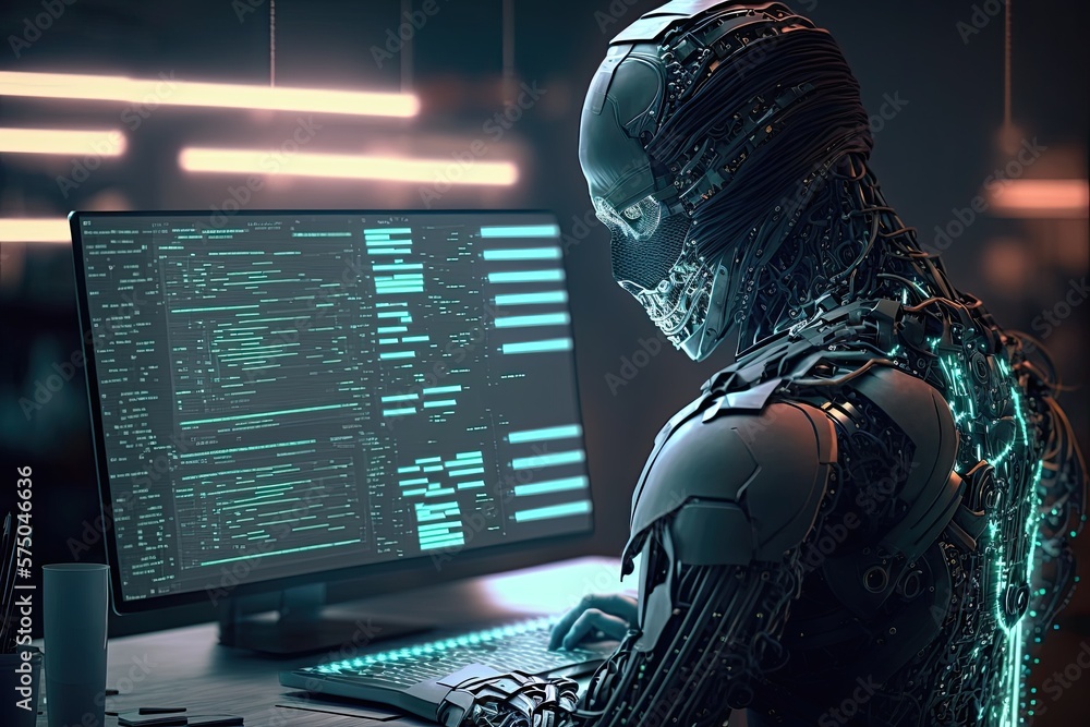 Poster futuristic robot typing and learning with laptop, chat bot. generative ai