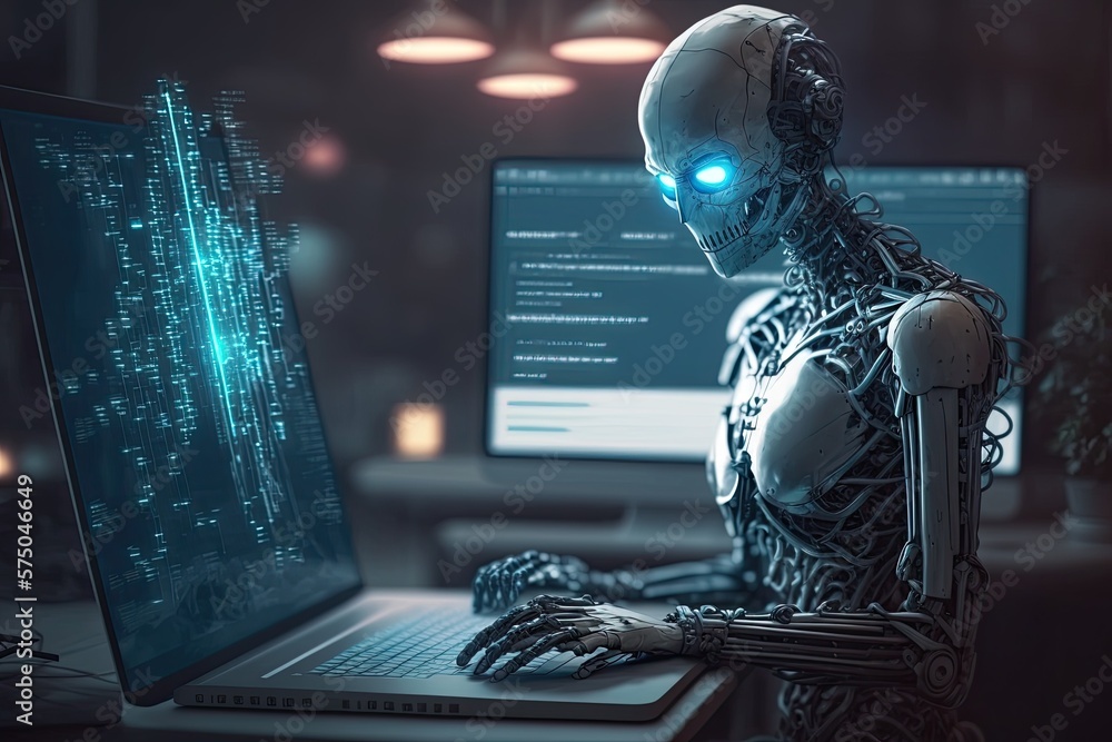 Poster futuristic robot typing and learning with laptop, chat bot. generative ai