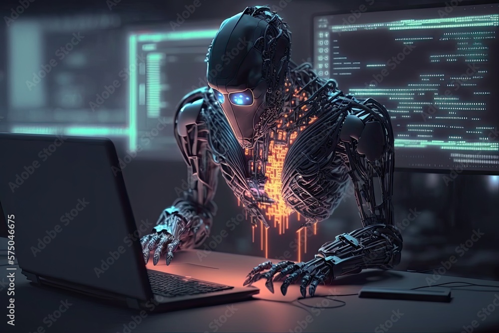 Poster futuristic robot typing and learning with laptop, chat bot. generative ai