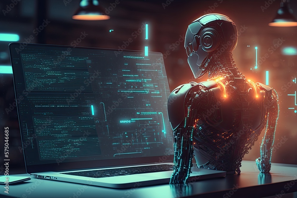 Poster futuristic robot typing and learning with laptop, chat bot. generative ai