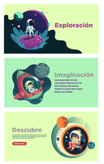 Conjunto de plantillas de banners web. Ilustración vectorial de dibujos animados. Presentación. Exploración espacial, astronautas y naves en el espacio. © Salva