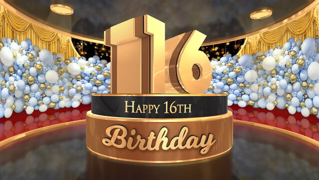 16th Birthday backdrop, poster, flyer 3d render illustration in gold with balloons and fireworks background