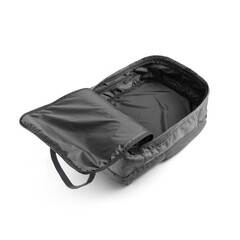 Gray fabric backpack with an open large main compartment on white background. Casual backpack, top...