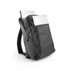 Black backpack with a laptop and folder with documents in open pockets or compartments. Stylish backpack for everyday use.