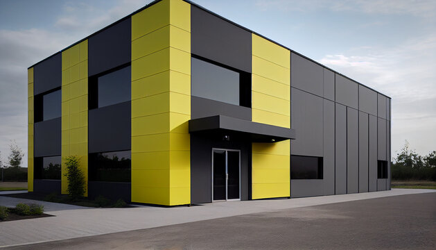 exterior of a modern warehouse with a small office unit
