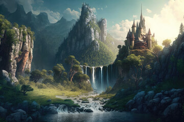 Fototapeta na wymiar a fantasy castle like from a fairy tale on a beautiful mountain with waterfalls. Generative AI