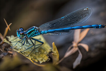 closeup of a blue tail dragonfly on a green leaf. Generative AI - obrazy, fototapety, plakaty