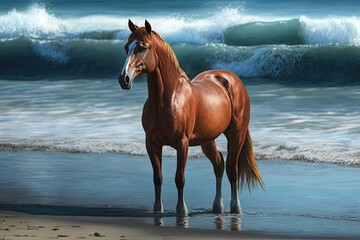 Obraz na płótnie Canvas a brown horse stands on the beach. Generative AI