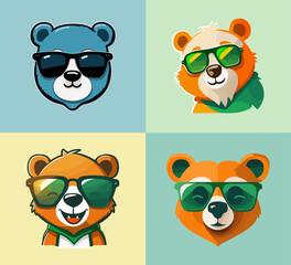 Funny bear with sunglasses in cartoon vector style. Logo design.