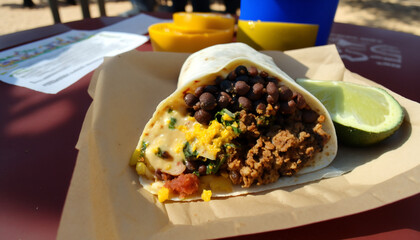 American breakfast, A breakfast burrito filled with scrambled eggs, chorizo, black beans, and avocado Generative AI