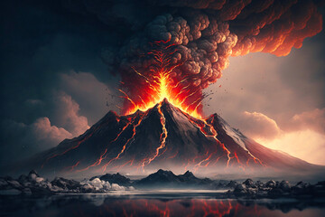 Volcano eruption thin flowing lava dangerous clouds dark environment. Generative AI