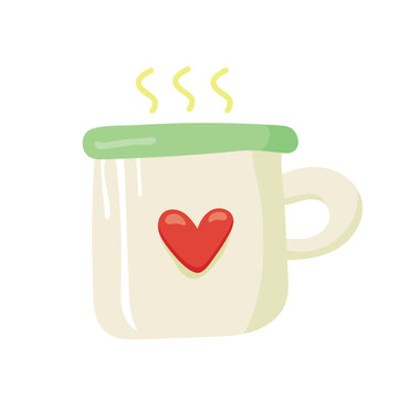 Mug of hot drink with image heart white background. Sticker. Clipart. Vector illustration