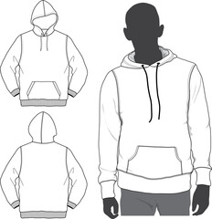 Pullover Hoodie flat sketch model template technical CAD illustration	
