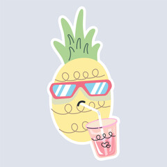 cute pineapple sucking juice in summer.